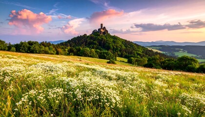 A sprawling meadow filled with wildflowers at sunset, a majestic ancient castle perched atop a hill.