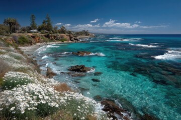 and keyword list based on the image you provided

 Daisies bloom on a coastal bluff over turquoise waters in Mediterranean landscape.