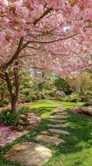 Japanese garden in spring with cherry blossoms, path, and green grass