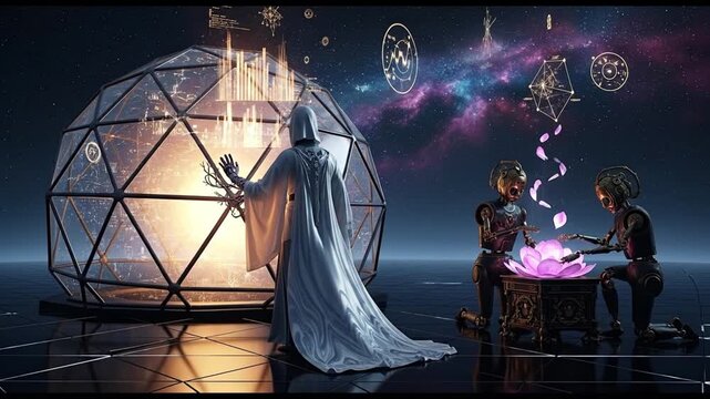 Celestial Sanctuary: Decoding Galactic Mysteries within a Geodesic Dome, Attended by AI in Cosmic Splendor