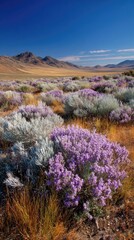 Desert landscape of purple flowers, sagebrush, mountains, and blue sky