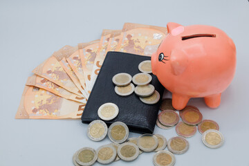 Piggy bank saving euro money in wallet