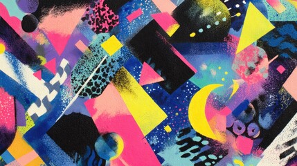 Vivid abstract art with geometric shapes, textures, and a vibrant color palette