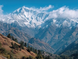and keywords based on the image

 Snow-capped Mountain Peaks Rising Above Valley Scene in Hilly Landscape