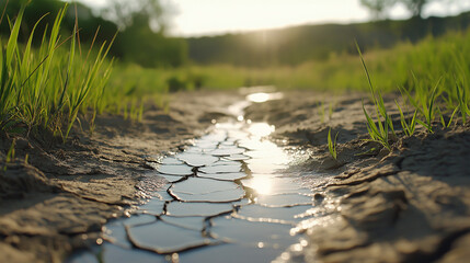 Dried riverbed with cracked earth and sparse grass, reflecting sunlight, symbolizes the global water crisis and ecological impact of climate change and drought conditions