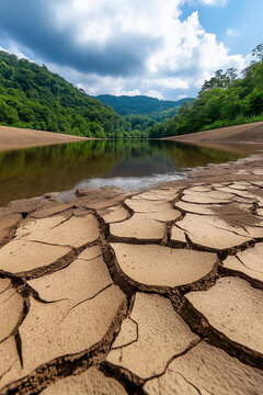 Dried riverbed with cracked earth and low water levels, surrounded by lush green forests, highlighting the impact of drought and water scarcity on the environment