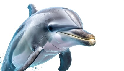 A detailed close-up of a playful dolphin leaping gracefully out of water, showcasing its smooth, gray-and-white skin and wet, glistening texture.