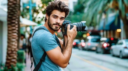 Photographer carefully adjusting camera settings outdoors for capturing stunning natural images