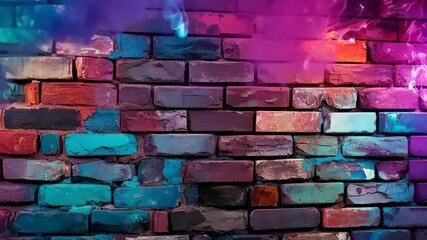 Artistic Brick Wall: A vibrant and textured brick wall is showcased with layers of artistic splashes of color. Its visual tapestry exudes urban aesthetic with retro vibe. 