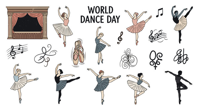 World dance day celebration with diverse ballerinas performing elegant ballet poses on stage with musical notes