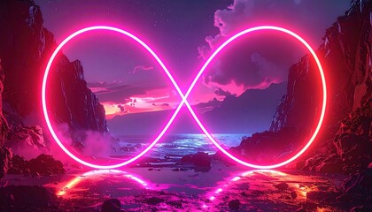 A vibrant, neon-pink infinity symbol frames a dramatic seascape at twilight, showcasing a breathtaking coastal scene.