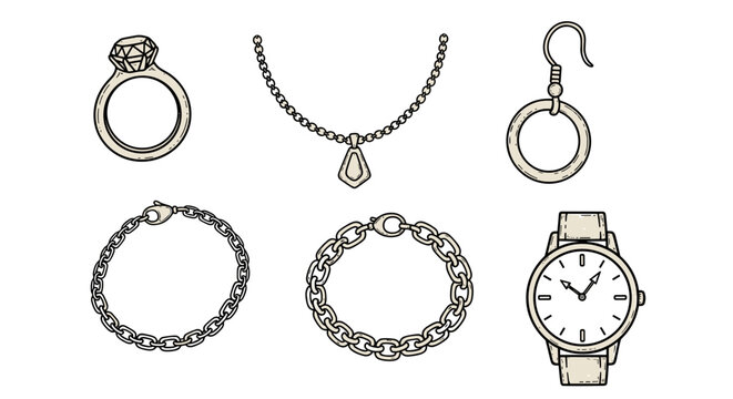 Collection of hand drawn jewelry icons including a diamond ring necklace earring bracelets and a watch