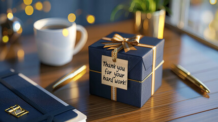 A beautifully wrapped gift box with a ribbon and a "Thank you for your hard work!" tag sits on an office desk, symbolizing employee appreciation and recognition
