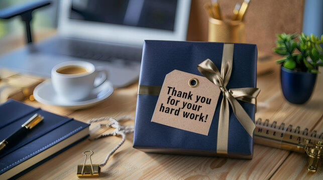 A beautifully wrapped gift box with a ribbon and a "Thank you for your hard work!" tag sits on an office desk, symbolizing employee appreciation and recognition