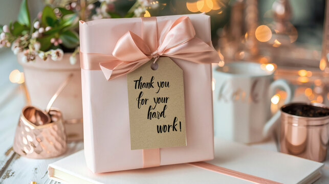 A beautifully wrapped gift box with a ribbon and a "Thank you for your hard work!" tag sits on an office desk, symbolizing employee appreciation and recognition