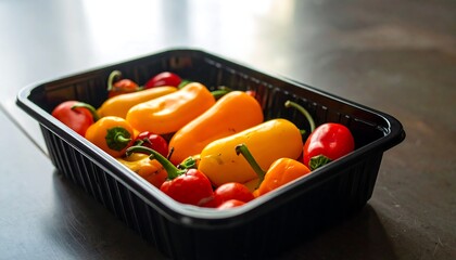 Colorful bell peppers are arranged in a black plastic container, showcasing vibrant shades of red, orange, and yellow.