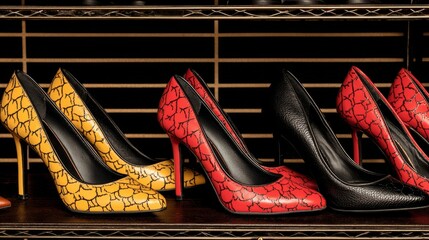 Elegant black high heels and purse on shelf