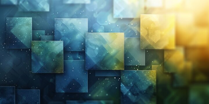 Abstract geometric composition with blue and yellow squares and bokeh effect