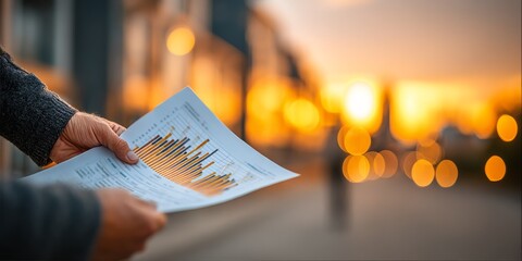 Person holding financial chart with bar graphs against warm sunset background and blurred cityscape