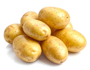 A close-up view of a group of fresh, light yellow potatoes, piled on top of each other, against a plain white background.