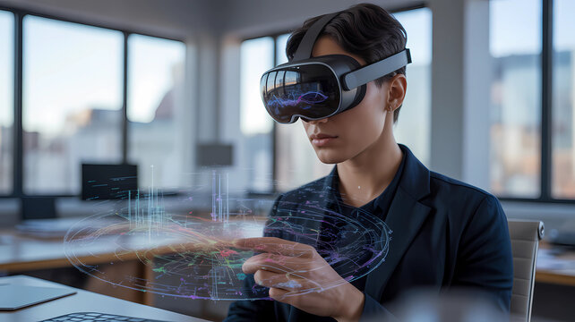 Woman using vr headset for immersive experience in metaverse augmented reality applications in the office