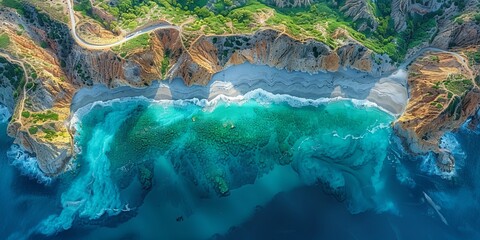 Aerial view of a secluded beach with turquoise waters, colorful cliffs, and winding coastal road