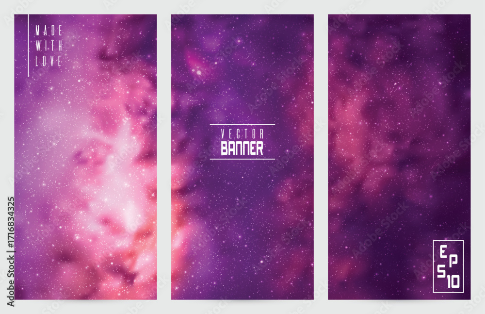 Poster purple violet nebula in space. night starry sky. vertical banners set