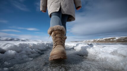 Woman explores icy landscape in stylish fur lined boots perfect winter walk adventure snowy travel destination