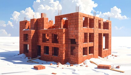 A vivid depiction of a partially constructed brick building on a snow-covered plain, showcasing the building's intricate structure and the surrounding landscape.