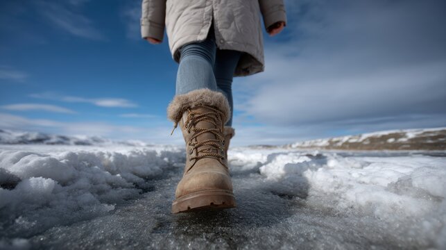Woman explores icy landscape in stylish fur lined boots perfect winter walk adventure snowy travel destination