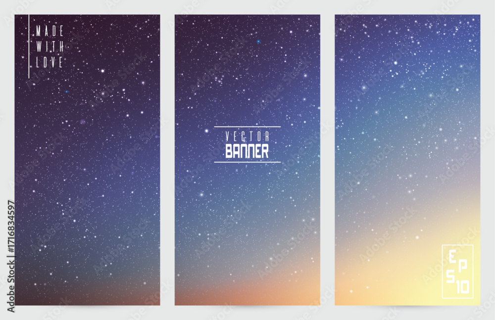 Sticker clouds and stars in space. blue twilight abstract vector banners set