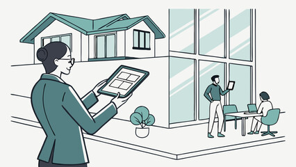 Real Estate Agent Presenting Property Plans on Tablet to Prospective Buyers