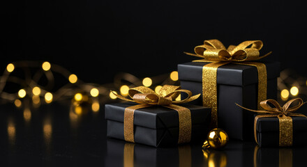 Luxury holiday gift packaging in black and gold for premium Christmas campaigns with festive lights