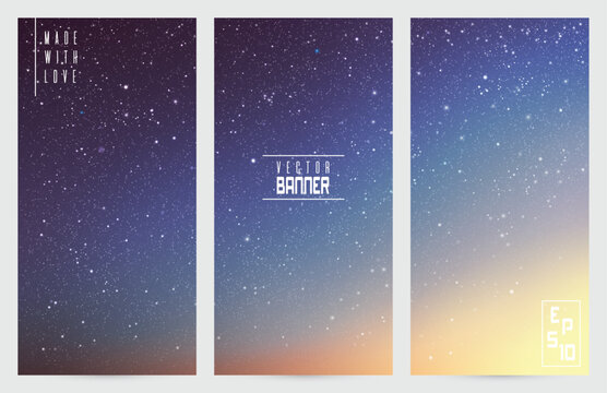 Clouds and stars in space. Blue twilight abstract vector banners set