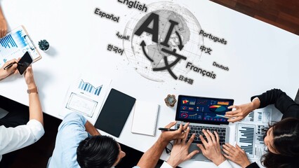 A diverse team collaborates in a modern office setting, focusing on multilingual business strategies. They use charts and data analysis on laptops to drive informed decisions. Raster