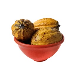 Fresh cacao pods from Guatemala in red bowl isolated on white background