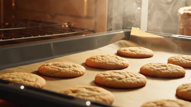 Freshly baked cookies on a tray with a baking sheet in a warm oven with steam