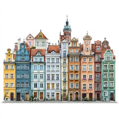 Fototapeta premium Colorful Cityscape: A stunning array of multi-colored historic buildings come alive. These architectural marvels capture the essence of old town charm.