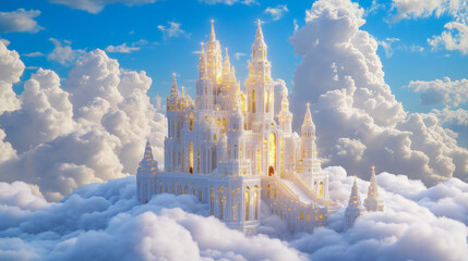 Floating celestial palace above the clouds, abstract architecture with glowing spires and ethereal bridges, palette of pearl white, soft gold, and pastel blue, surreal and divine atmosphere