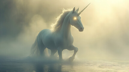 Magical unicorn in misty landscape