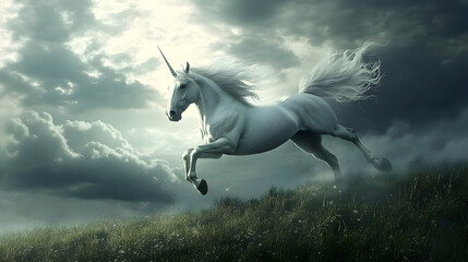 Mythical white unicorn running
