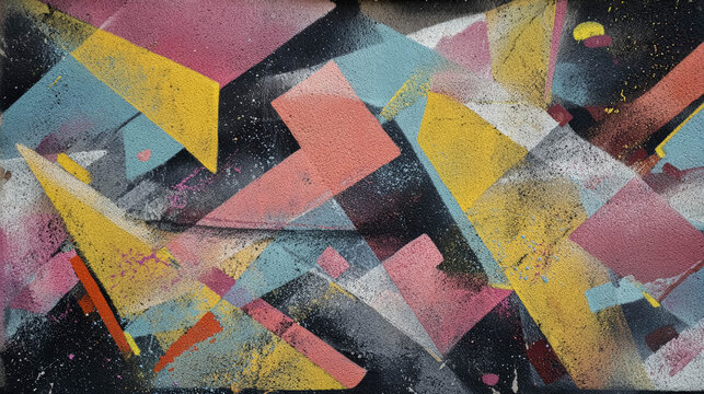 Colorful abstract mural showcases dynamic geometric shapes and vibrant hues, creating an energetic visual experience