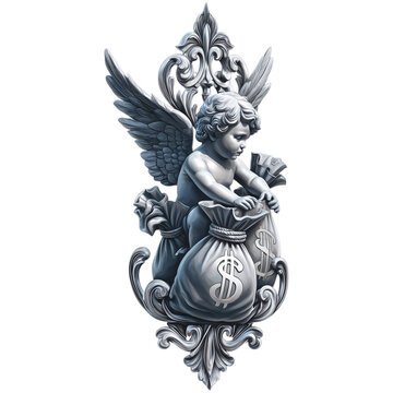 Winged cherub angel sitting on money bags with flying dollar bills in dramatic grayscale on transparent background
