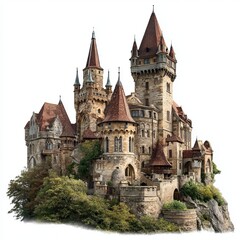 Naklejka premium Castle on a Hill: A majestic castle, perched atop a verdant hill, showcases exquisite architectural detail with its towering spires and aged stone facade, offering a sense of history and grandeur.