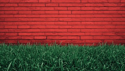Vibrant green grass sits before a bold red brick wall, creating a striking contrast.