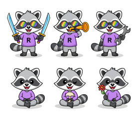 Cartoon raccoons with various objects: swords, trumpet, wrench, mushroom, flowers, and sitting.