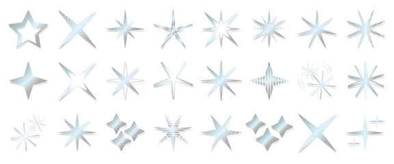 Futuristic y2k silver stars and sparkles icon set, different number of rays. Vector monochrome metal sparks sign collection. Retro aesthetic shining chrome and platinum flash symbols with shadow