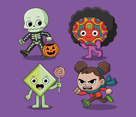 Obraz premium Halloween characters: skeleton, afro monster, diamond, and angry girl.