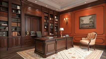 Interior view of a luxurious office with wooden furniture and books