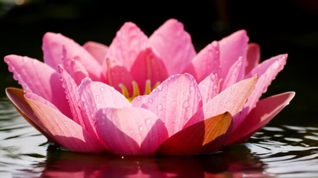 Vibrant pink water lily floating on the tranquil water of a pond with closeup.